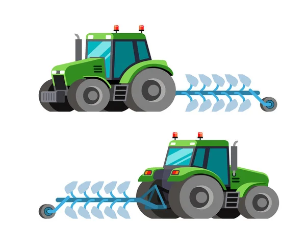 Agriculture Tracteur Vert Avec Charrue Vue Avant Arrière Matériel Agricole — Image vectorielle