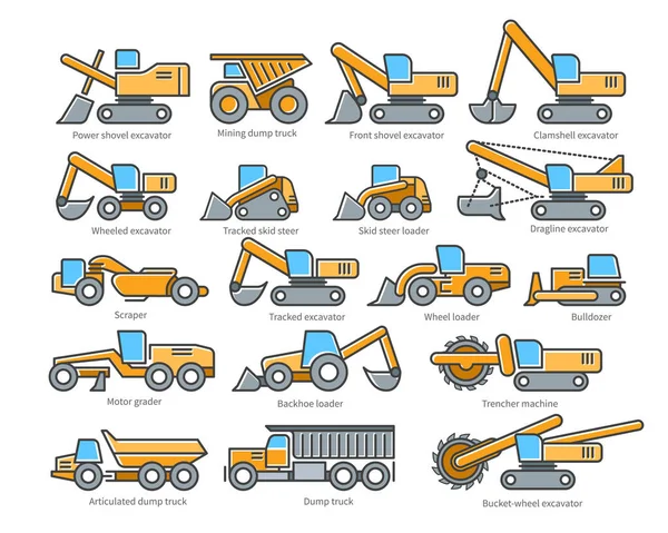 Ensemble Machines Construction Icônes Chaque Icône Avec Description Étiquette Texte — Image vectorielle