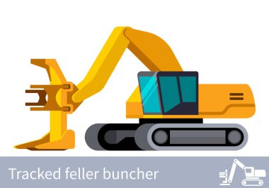 Ormancılık, Feller Buncher 'ın en küçük simge aracını izledi. Orman inşaat ekipmanları izole edilmiş vektör. Beyaz arkaplanda renk simgesi çizimi