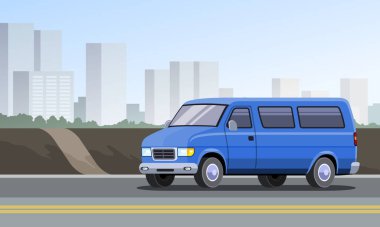 Arka planda şehir manzarası olan bir yolda giden büyük boy mavi bir minibüs. Temiz ve basit, minimalist tarzda bir yan görüş aracı. Arka plan yüksek binalardan oluşuyor. Vektör klipsi sanatı