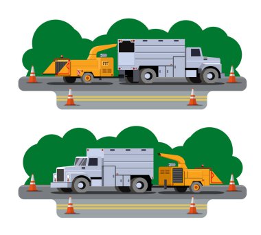 Yonga kamyonu şantiyede çim biçme makinesinin izini sürmüş. Kesilen ağaçları ve brançları kesmek için sarı odun öğütücü. Ağaç üstüne çip kamyonunun arkasını budamak için. Ön ve arka görüş. Beyaz arkaplanda vektör klipsi sanatı