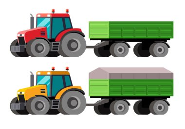 Çiftlik traktörü yeşil bahşiş karavanını çekiyor. İllüstrasyonun modern, vektör stili ve koyu renklere sahip bir görüntüsü var. Arkaplan düz beyaz