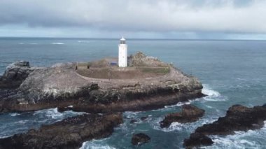 Godrevy lighthouse cornwall england uk from the air aerial drone 