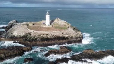 Godrevy lighthouse cornwall england uk from the air aerial drone 
