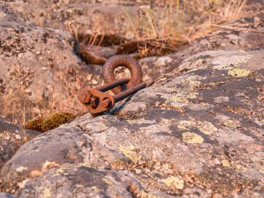 Paslı metalik bir yüzük armatürü. Yıpranmış bir kayaya gömülmüş. Etrafı mosferle çevrili.