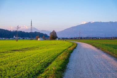 Slovenya 'nın Domzale kenti - 29 Ekim 2024: Berrak mavi bir gökyüzünün altındaki uzak dağlara doğru uzanan, yemyeşil tarlaların arasından dolambaçlı, sakin bir kırsal alan. Elektrik hatları ve küçük bir bina görülebilir..