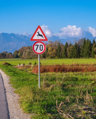 Domzale, Slovenya - 29 Ekim 2024: Kırsal bir yol işareti, açık mavi gökyüzü altında manzaralı bir zemin, ağaçlar ve dağlardan oluşan manzaralı bir zemine karşı geyik geçişi ve saatte 70 km hız sınırı konusunda uyarıda bulundu.