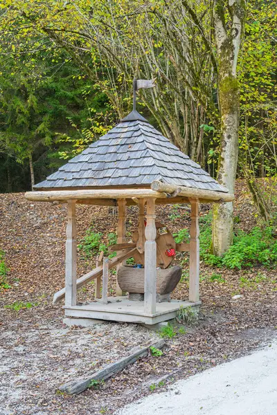 Ağaçlar ve düşen yapraklarla çevrili sazdan çatılı bir ahşap kuyu. Yapı doğal ortamla uyumlu bir dekoratif tasarım içeriyor..