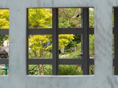 Ahşap bir kafes çerçevesinin içinden canlı yeşil yapraklar ve sakin bir bahçe ortamı. Kompozisyon, yapılandırılmış çerçeve ile ötesindeki doğal güzellik arasındaki zıtlığı vurguluyor..