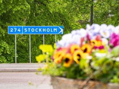 Vaxholm, İsveç - 4 Haziran 2025 Stockholm 'e giden yolu gösteren bir işaret, ön planda canlı bir çiçek aranjmanı. İşaret, yemyeşil yeşilliklerle çevrili beyaz yazıyla mavidir..
