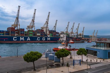 Koper, 1 Ağustos 2025: Slovenya 'nın Koper kentinde vinç ve römorkörle dolu bir limanda konteyner gemisi.