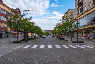 Murska Sobota, Slovenya - 24 Temmuz 2025: Güneşli bir günde Slovenya 'nın Murska Sobota kentinde ağaçlar ve dükkanlarla dolu boş bir cadde.