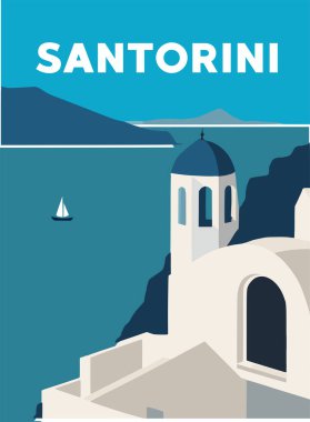 Yunanistan, Santorini manzarası, çarpıcı bir yaz, mavi deniz. Vektör posteri. Tişört baskısı resmi. Vektör illüstrasyonu