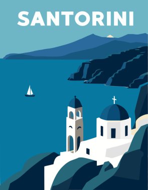 Yunanistan, Santorini manzarası, çarpıcı bir yaz, mavi deniz. Vektör posteri. Tişört baskısı resmi. Vektör illüstrasyonu