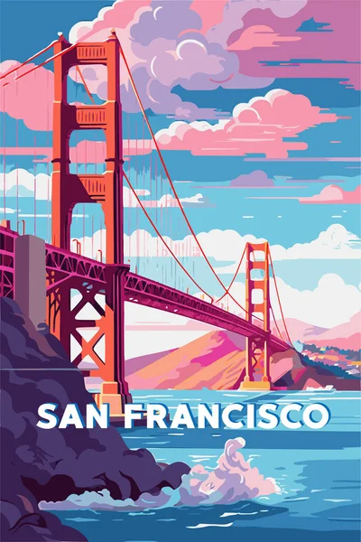 San Francisco California Golden Gate Köprüsü Vektör Posteri Çizim Illüstrasyonu — Stok Vektör