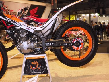 Motorbike and accessories exposed at EICMA, international motorcycle exhibition, Lombardy, Italy