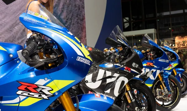 stock image Motorbike and accessories exposed at EICMA, international motorcycle exhibition, Lombardy, Italy