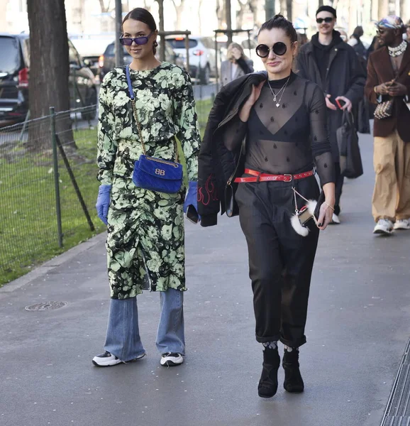 stock image Fashion bloggers  street style outfits before Fendi fashion show during Milano fashion Week woman fall/winter collections