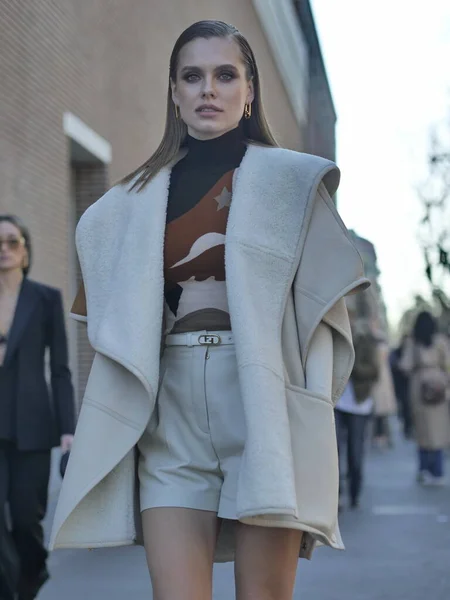 stock image Fashion blogger  street style outfit before Fendi fashion show during Milano fashion Week woman fall/winter collections