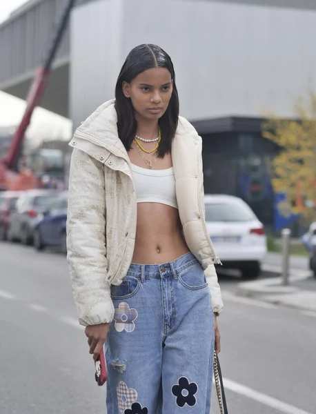 Model street style outfit after Prada fashion show during Milano fashionweek man collections 2022