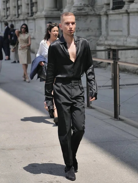 stock image  Fashion blogger street style outfit before Ermenegildo Zegna fashion show during Milano fashion week spring summer man collections