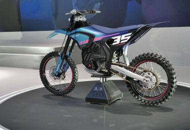  Elmets, motorbikes and accessories exposed at EICMA, international motorcycle exhibition on NOVEMBER 2024, Milan, Lombardy clipart