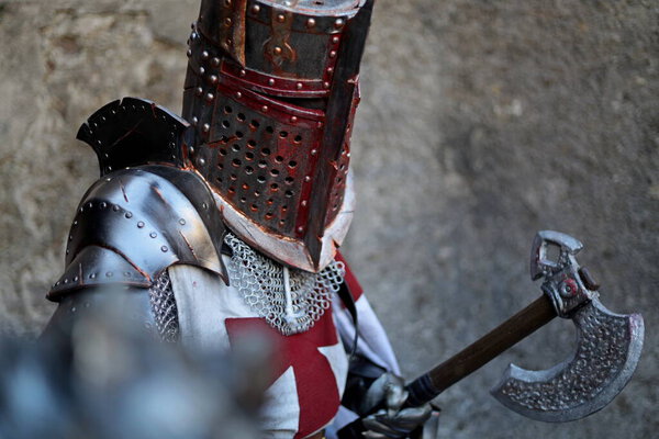 Lucca, Tuscany, Italy - October 30, 2022: Cosplayer dressed as Knight Templar, medieval warrior at the Lucca Comics and Games 2022 cosplay event.