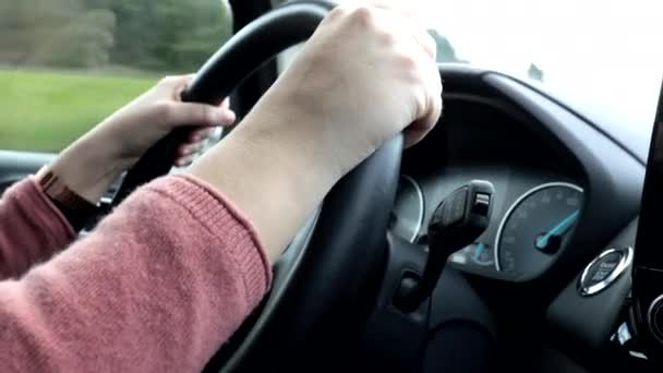 Bir Kadın Araba Sürerken Direksiyonu Tutar — Stok video