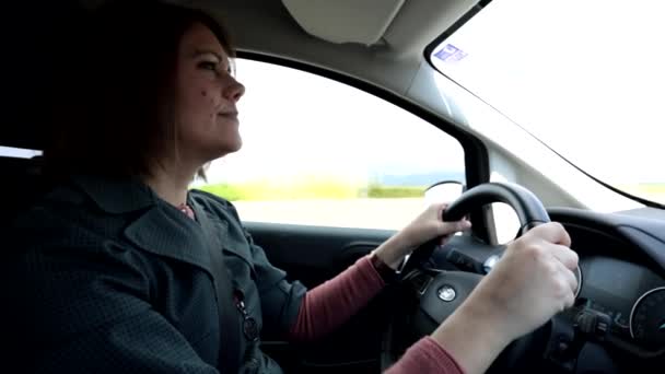 Μια Χαμογελαστή Γυναίκα Κρατά Τιμόνι Ενώ Οδηγεί Ένα Αυτοκίνητο — Αρχείο Βίντεο