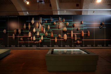 Pisa, Italy - April 25, 2024: The museum of ancient ships in Pisa. Room dedicated to Roman-era amphorae found in Pisa. clipart