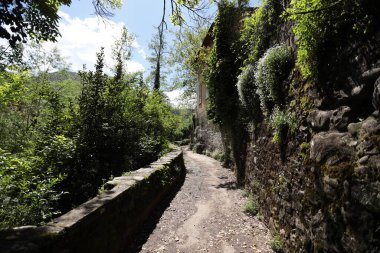 Bagni di Lucca, Tuscany, İtalya 'daki Lima deresinde yürüyüş..
