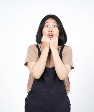 Beyaz arka planda tecrit edilmiş Güzel Asyalı Kadın İfadesi