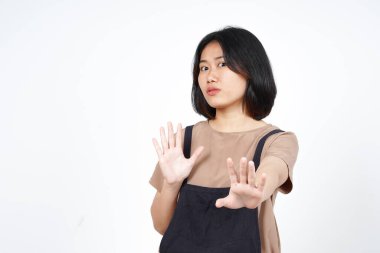 Beyaz arka planda tecrit edilmiş Güzel Asyalı Kadın 'ın Reddedilme ve El Hareketi