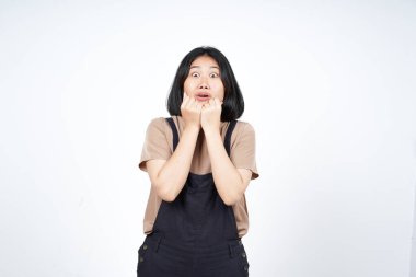 Beyaz arka planda tecrit edilmiş Güzel Asyalı Kadın İfadesi