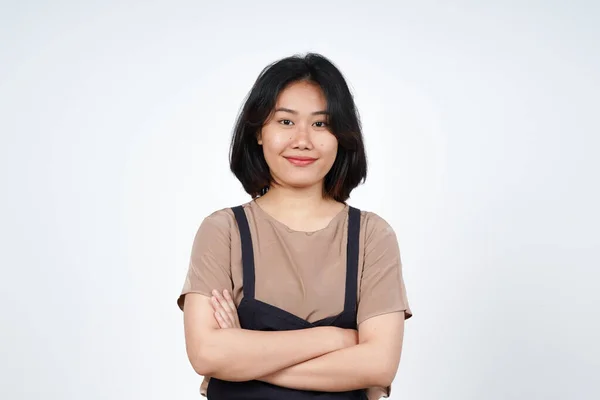 Smiling Looking Camera Beautiful Asian Woman Isolated White Background — Stok Foto