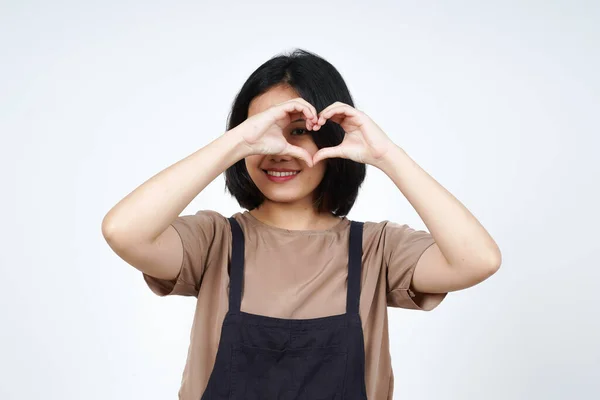 stock image Showing Love Sign Gesture of Beautiful Asian Woman Isolated On White Background
