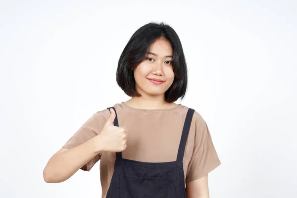 Beyaz Arka Planda Izole Edilmiş Güzel Asyalı Kadın Şareti Gösteriliyor — Stok fotoğraf
