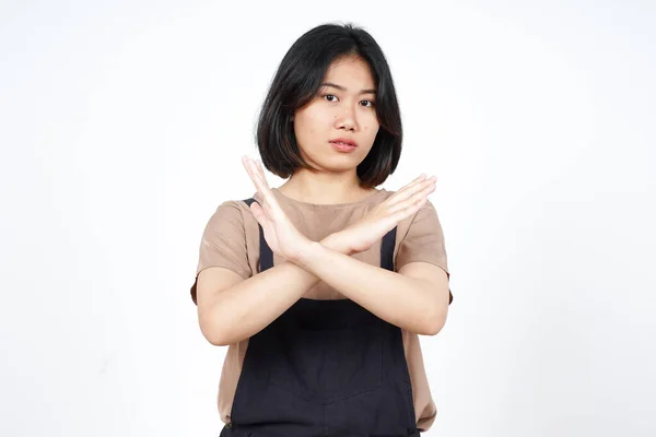 白い背景に孤立した美しいアジア人女性のクロスハンド拒絶ジェスチャー — ストック写真