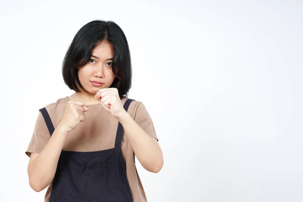 Punho Perfuração Para Lutar Bela Mulher Asiática Isolada Fundo Branco — Fotografia de Stock