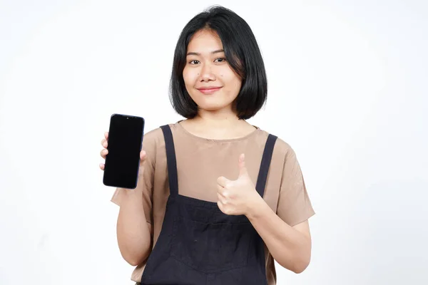 Stock image Showing Apps or Ads On Blank Screen Smartphone of Beautiful Asian Woman Isolated On White Background