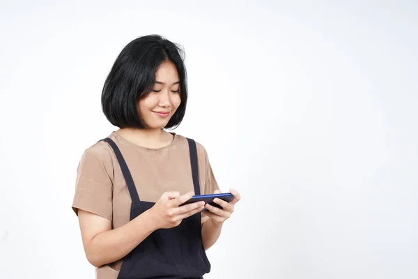 Mobiel Spel Spelen Smartphone Van Mooie Aziatische Vrouw Geïsoleerd Witte — Stockfoto
