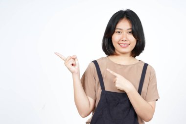 Beyaz arka planda tecrit edilmiş Güzel Asyalı Kadın 'ın Ürün ve İşaret Tarafı