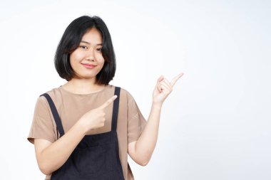 Beyaz arka planda tecrit edilmiş Güzel Asyalı Kadın 'ın Ürün ve İşaret Tarafı