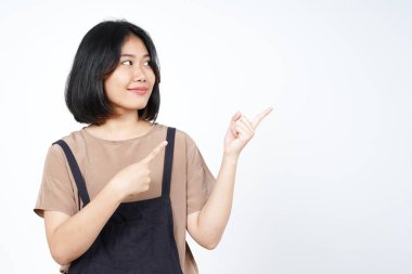 Beyaz arka planda tecrit edilmiş Güzel Asyalı Kadın 'ın Ürün ve İşaret Tarafı