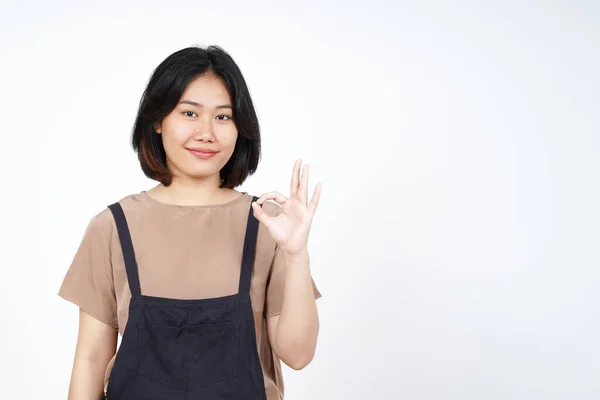 Показ Sign Красива Азіатська Жінка Ізольовані Білому Тлі — стокове фото
