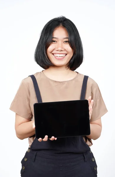 Mostrando Aplicaciones Anuncios Tableta Pantalla Blanco Hermosa Mujer Asiática Aislada —  Fotos de Stock