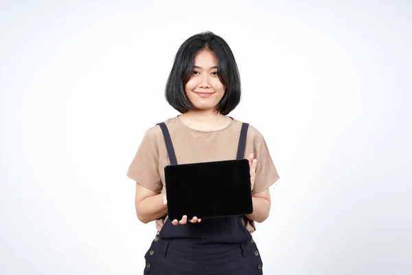 Mostrando Aplicaciones Anuncios Tableta Pantalla Blanco Hermosa Mujer Asiática Aislada —  Fotos de Stock