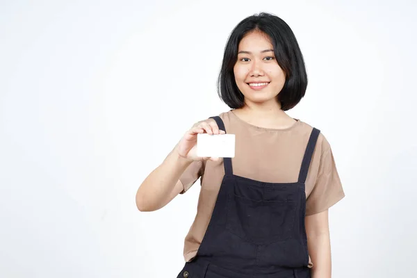 Držení Prázdné Bankovní Karty Nebo Kreditní Karty Krásné Asijské Ženy — Stock fotografie