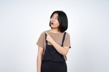 Beyaz arka planda tecrit edilmiş Güzel Asyalı Kadın 'ın Ürün ve İşaret Tarafı