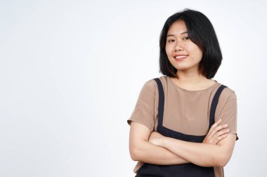 Beyaz arka planda tecrit edilmiş Güzel Asyalı Kadın 'ın kolları ve gülümsemesi